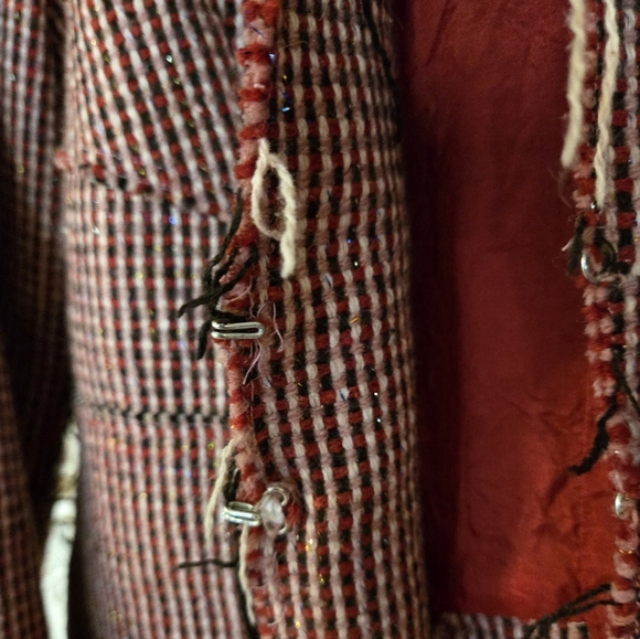 Womens Fossil Vintage Fitted Blazer Red Striped Raw Edges Layering Large - Picture 7 of 8
